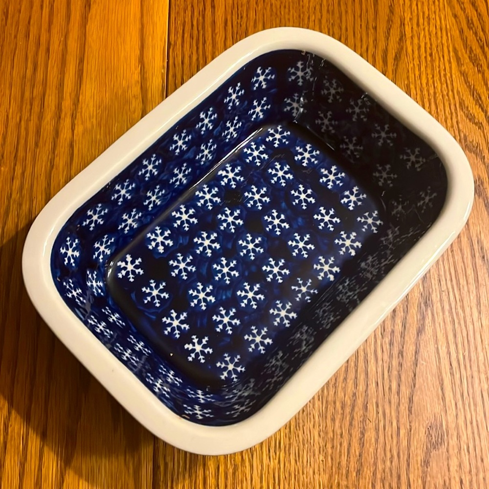 Polish Pottery Snowflake Loaf Pan Bread pan  7”x 9 3/4”x 2 1/2”